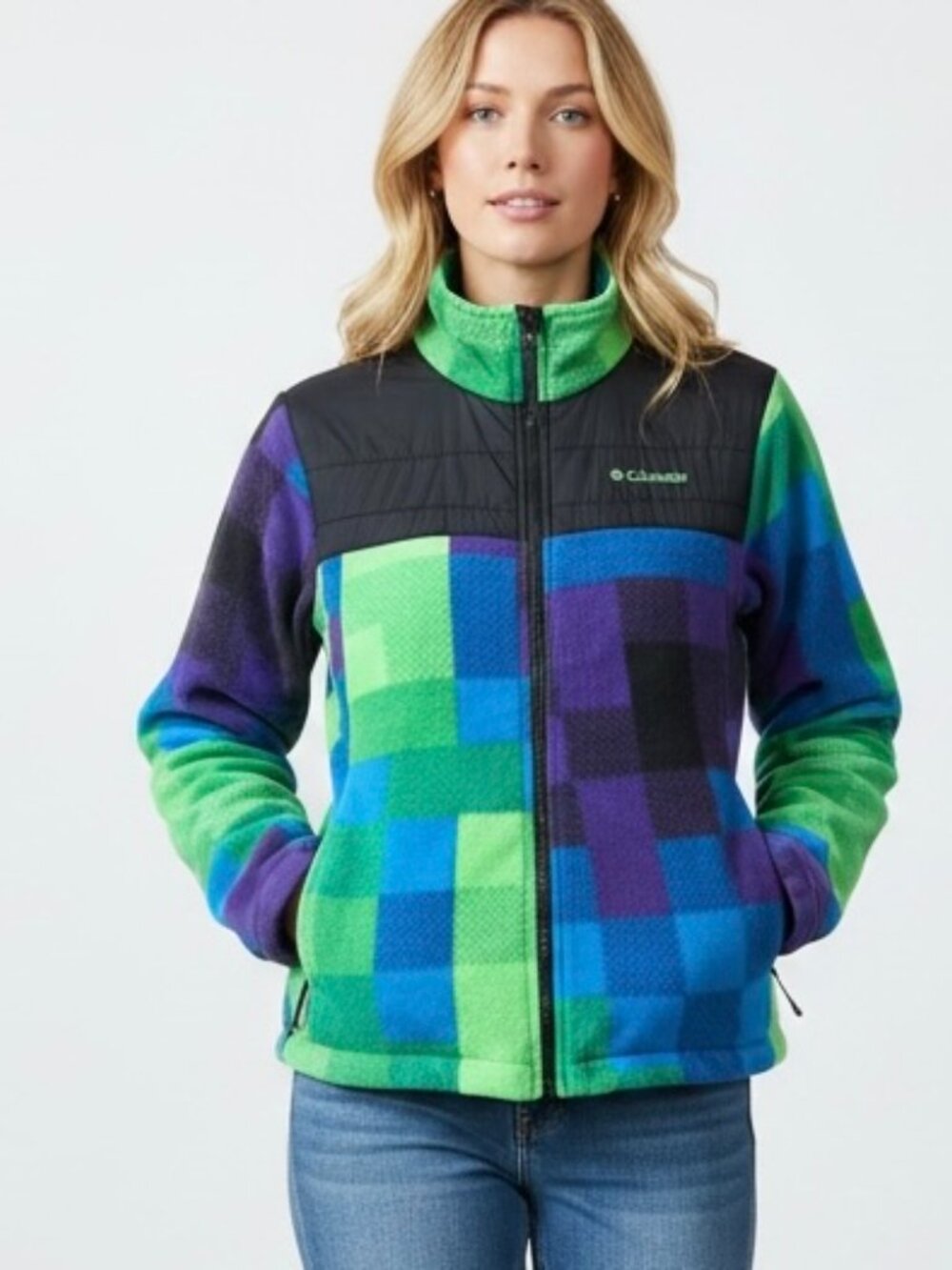 Columbia Fleece Jacket Women’s SMALL Full Zip Front Green Blue Purple Checked